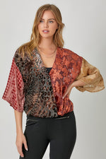 Mixed Print Burn Out Velvet Top - Burgundy