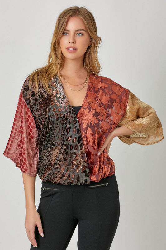 Mixed Print Burn Out Velvet Top - Burgundy