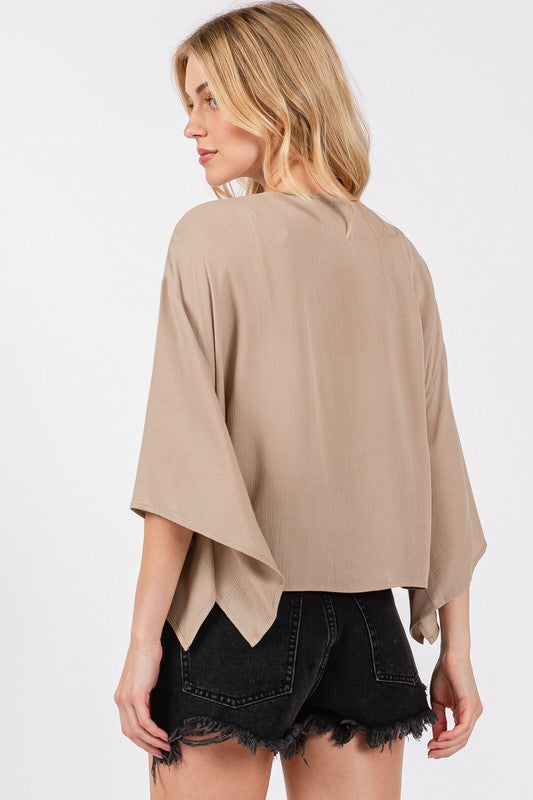 Tie Front Short Kimono Cardigan - New Khaki