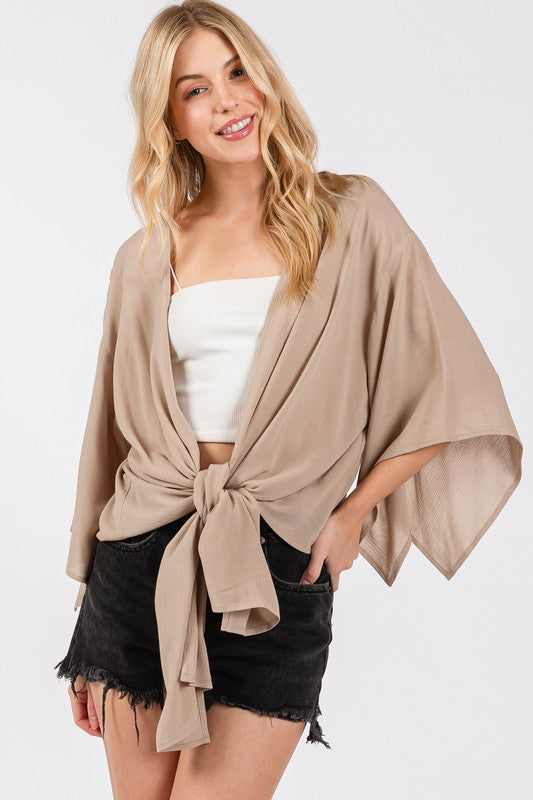 Tie Front Short Kimono Cardigan - New Khaki
