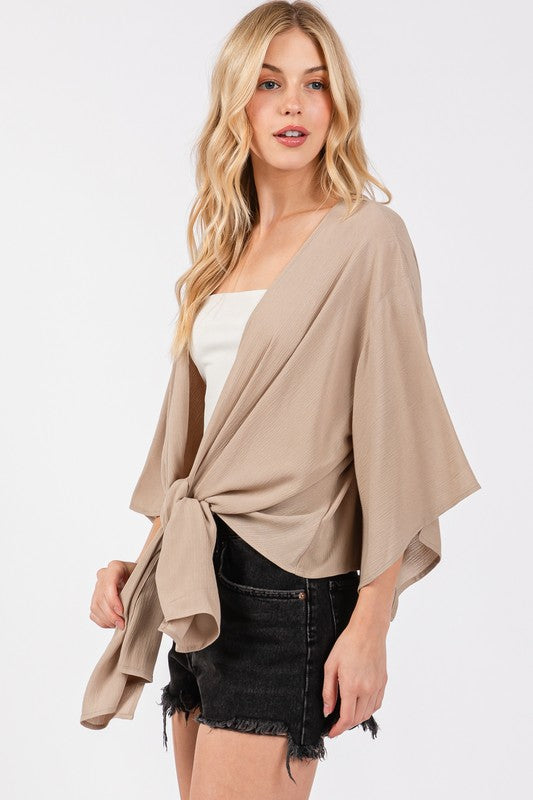 Tie Front Short Kimono Cardigan - New Khaki