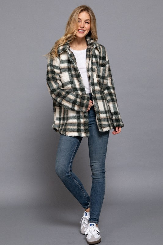 Long Sleeve Oversized Plaid Fur Shacket