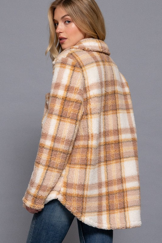 Long Sleeve Oversized Plaid Fur Shacket