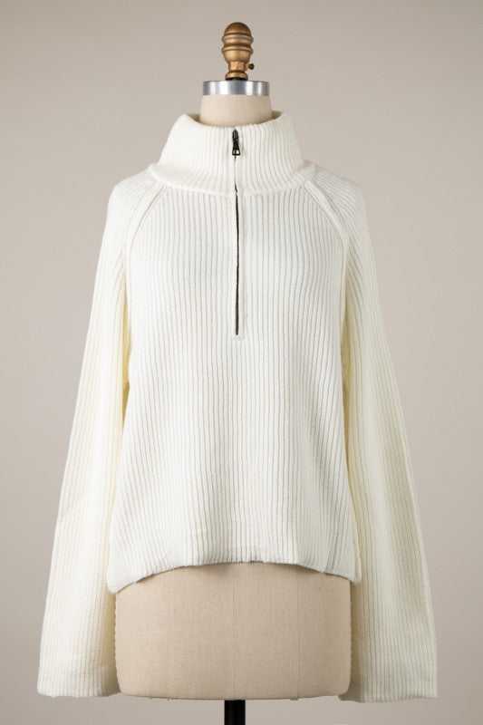High Collar Half Zip Turtleneck Ribbed Sweater