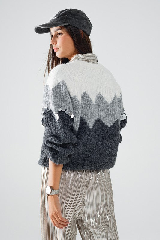 Herringbone Pattern Sweater w/ Sequin Details