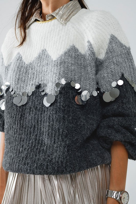 Herringbone Pattern Sweater w/ Sequin Details