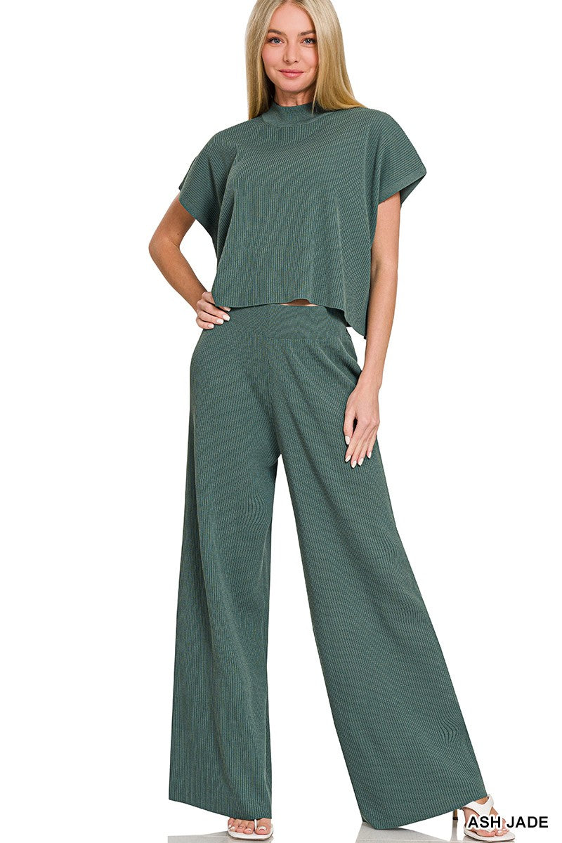 Viscose Sweater Short Sleeve Top And Pants Set