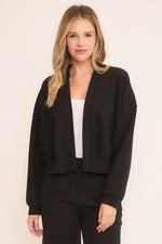 Seersucker Open Front Semi Cropped Cardigan - Black