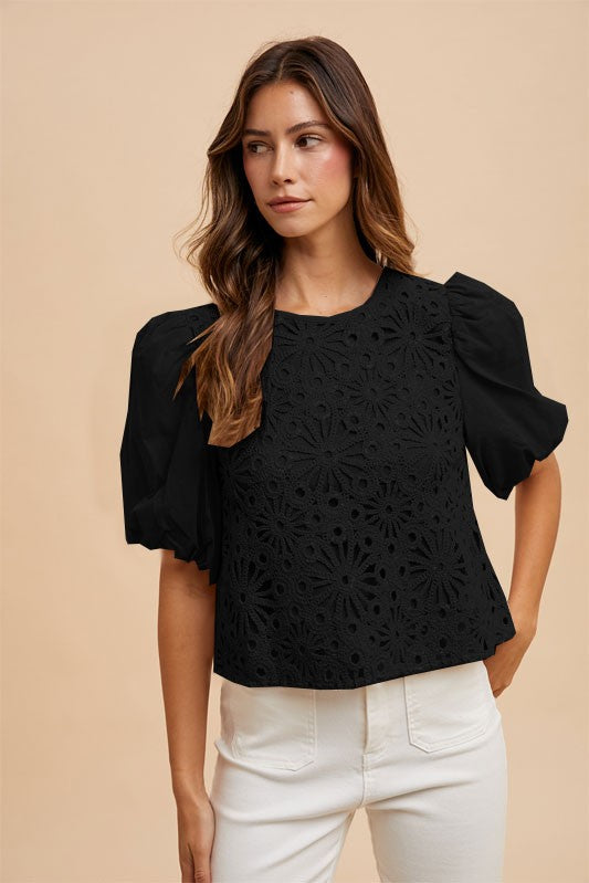 Mix Media Sequin Crochet Bodice Woven Blouse