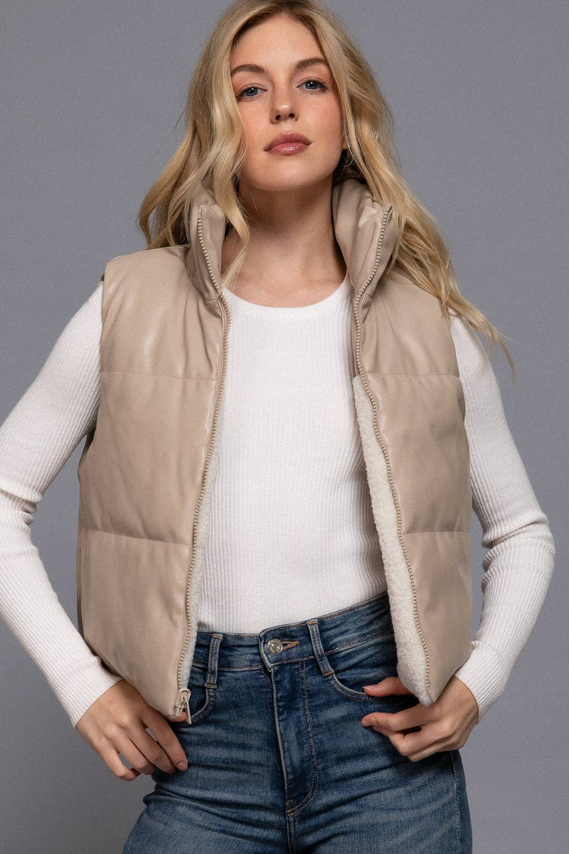 Reversible Faux Leather-Sherpa Contrast Padding Crop Vest
