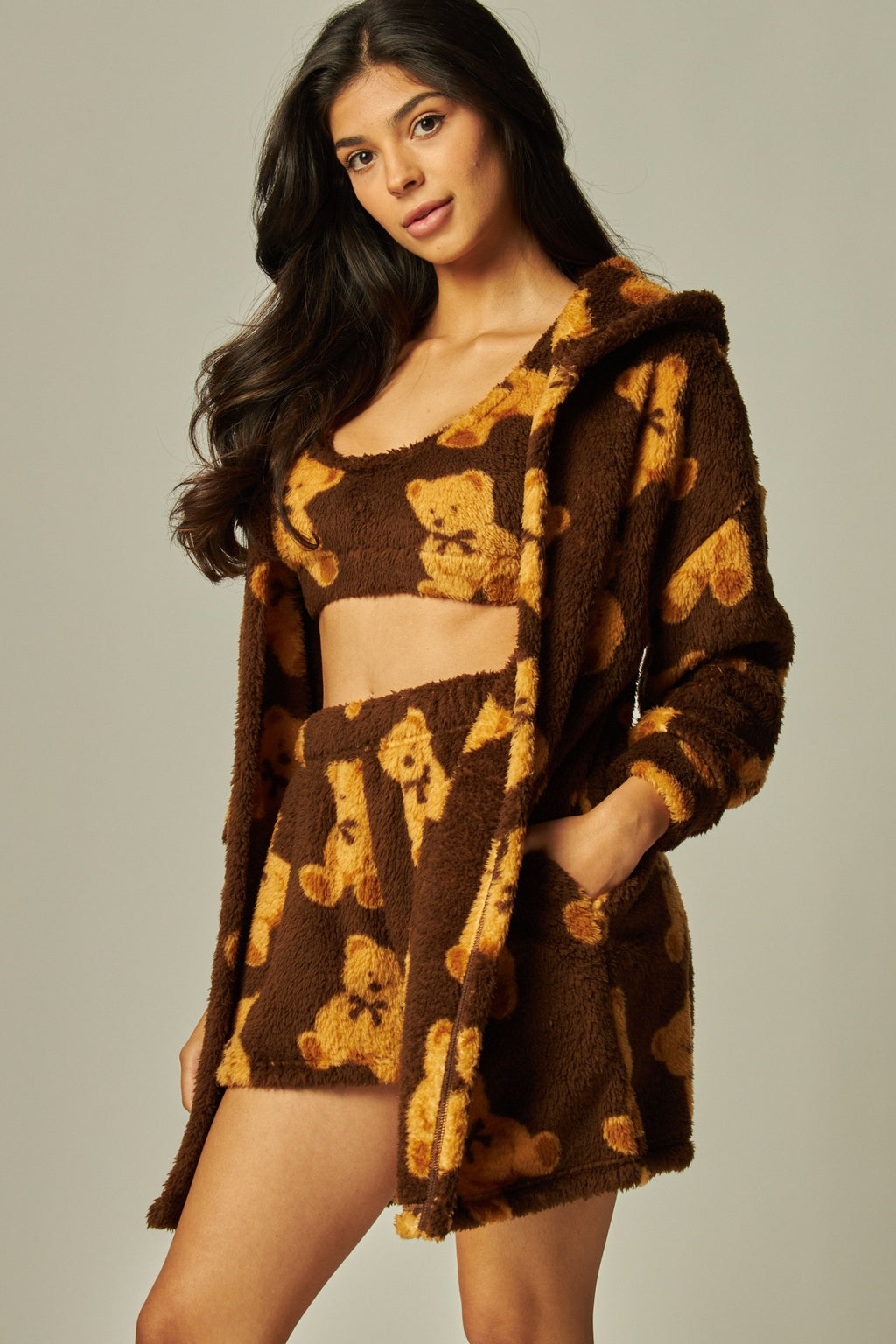 Cozy fleece 3-piece cardigan pajama set in brown with bear patterns, featuring a hooded cardigan, crop top, and shorts, perfect for Long Island boutique fashion.