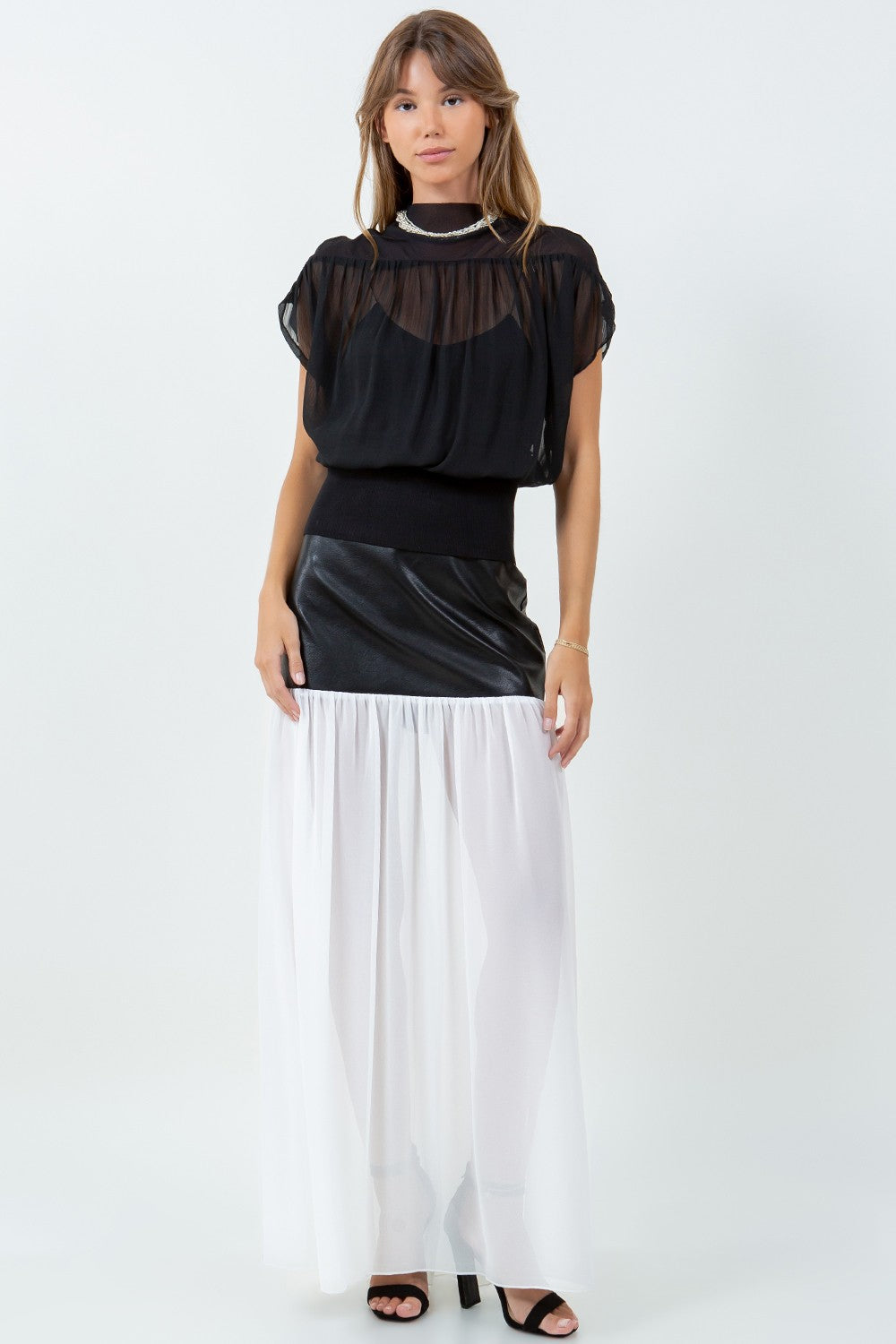 Fabric Mixed Semi Sheer Blouse