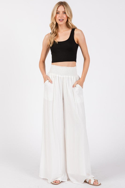Wide Smock Waist Wide Leg Pants w/ Lining