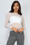 Fitted foil mesh crop top in soft beige and white with long sleeves, perfect for layering in Long Island boutique fashion.