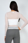 Fitted foil mesh crop top in soft white and blush, featuring long sleeves and a stylish sheer design, perfect for Long Island boutique fashion.