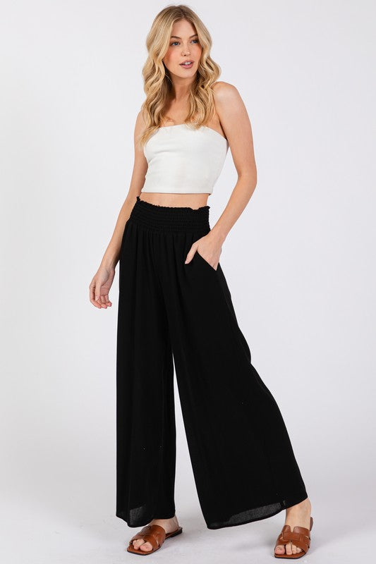 Woven Waist Smocked Wide Leg Pants