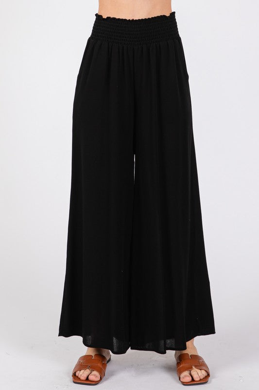Woven Waist Smocked Wide Leg Pants
