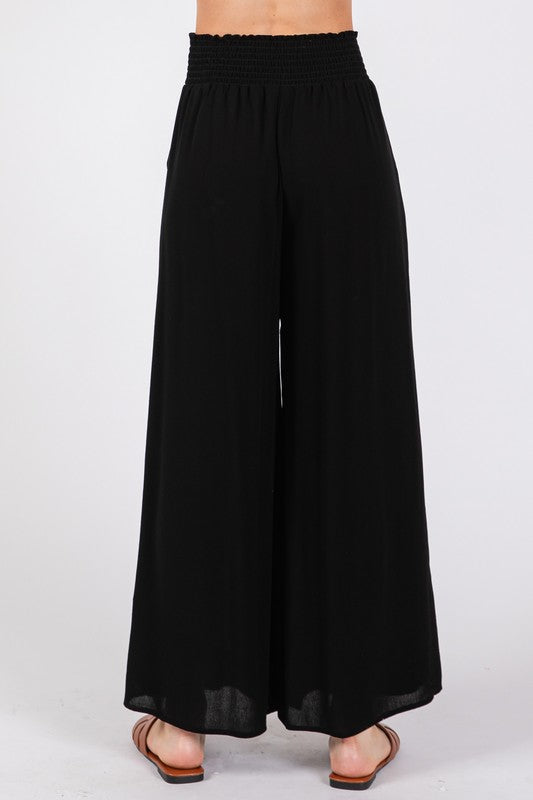 Woven Waist Smocked Wide Leg Pants