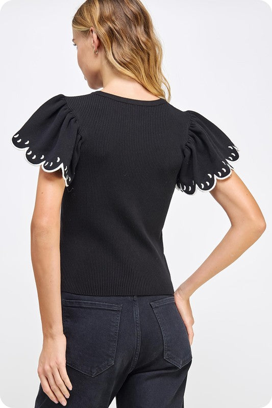 Embroidered Scallop Flutter Sleeve Ribbed Knit Top - Black
