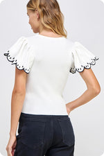 Embroidered Scallop Flutter Sleeve Ribbed Knit Top - Off White