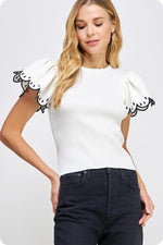 Embroidered Scallop Flutter Sleeve Ribbed Knit Top - Off White