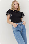 Embroidered Scallop Flutter Sleeve Ribbed Knit Top - Black