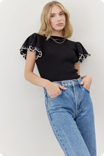 Embroidered Scallop Flutter Sleeve Ribbed Knit Top - Black