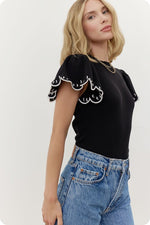 Embroidered Scallop Flutter Sleeve Ribbed Knit Top - Black