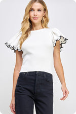Embroidered Scallop Flutter Sleeve Ribbed Knit Top - Off White