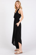 Woven Solid Front Ruched Midi Jumpsuit - Black