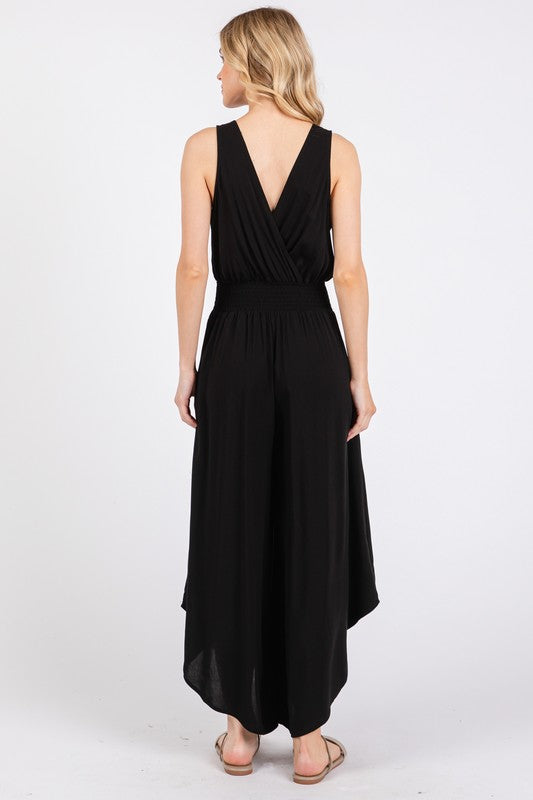 Woven Solid Front Ruched Midi Jumpsuit - Black