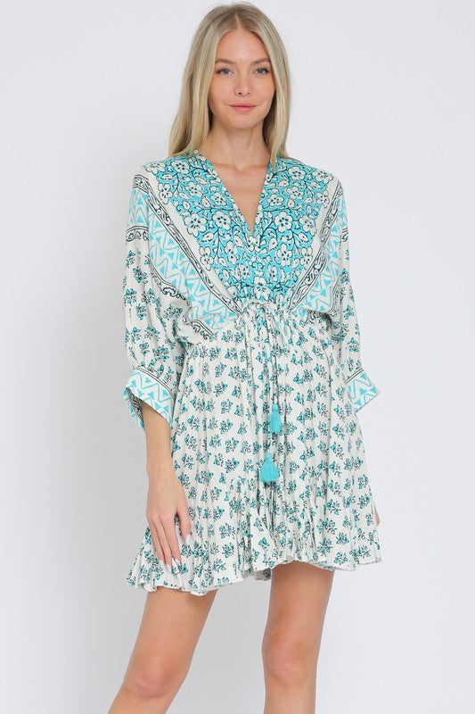 Dolman Sleeve Tie Front Waisted Mini Dress