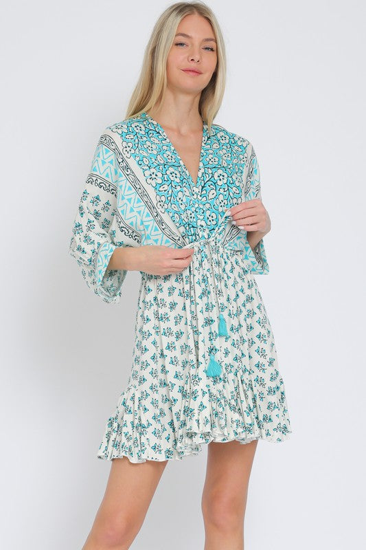 Dolman Sleeve Tie Front Waisted Mini Dress