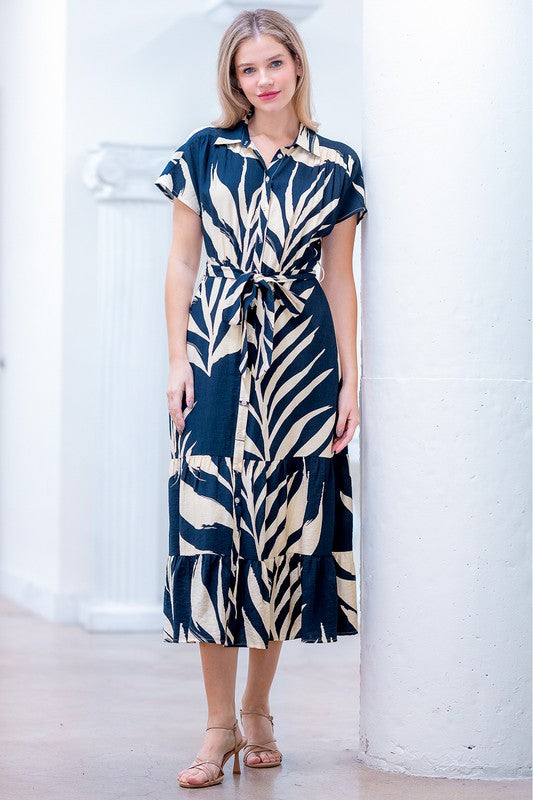 Printed Button Down Midi Shirt Dress