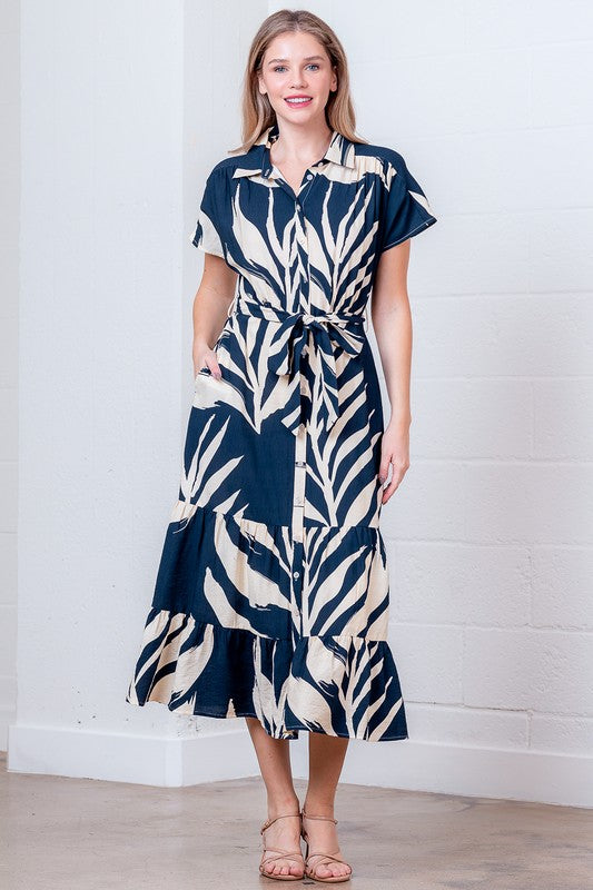 Printed Button Down Midi Shirt Dress
