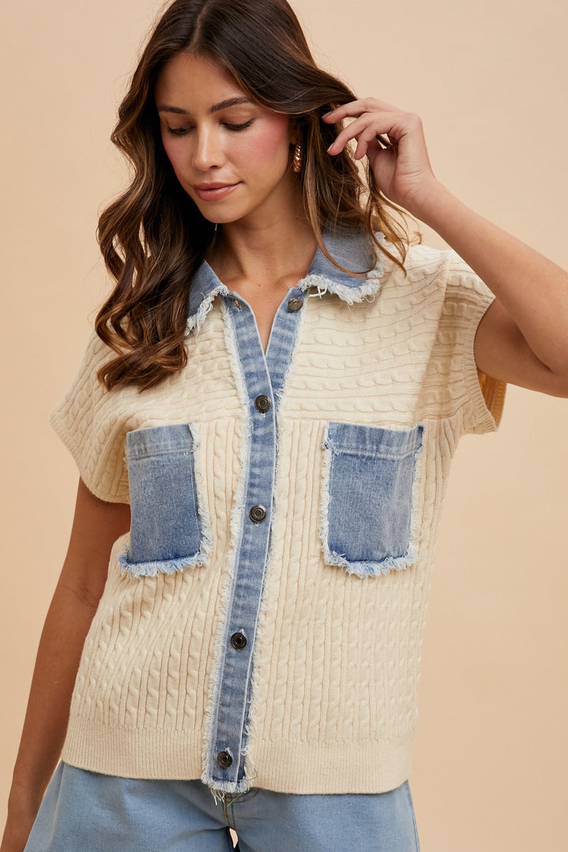 Denim Mixed Button Down Cable Sweater