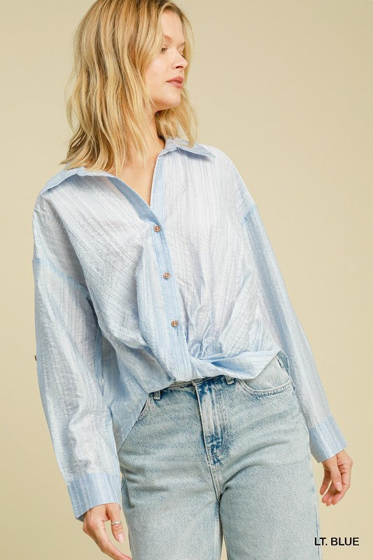 High Low Tencel Striped Button Down Top