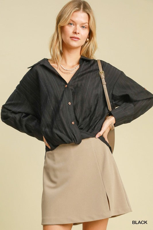 High Low Tencel Striped Button Down Top