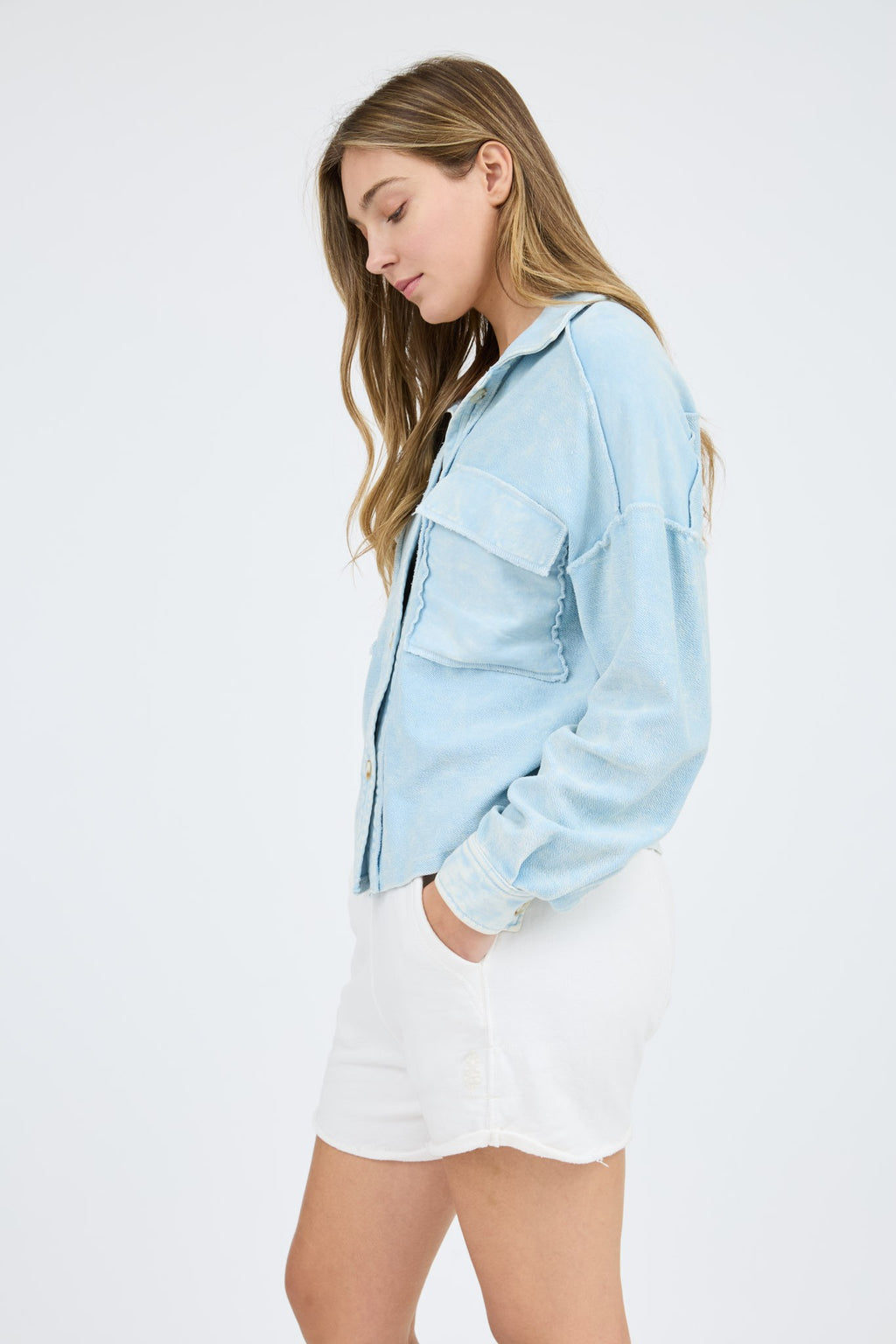 Vintage Washed Raw Edge Button Down Shacket
