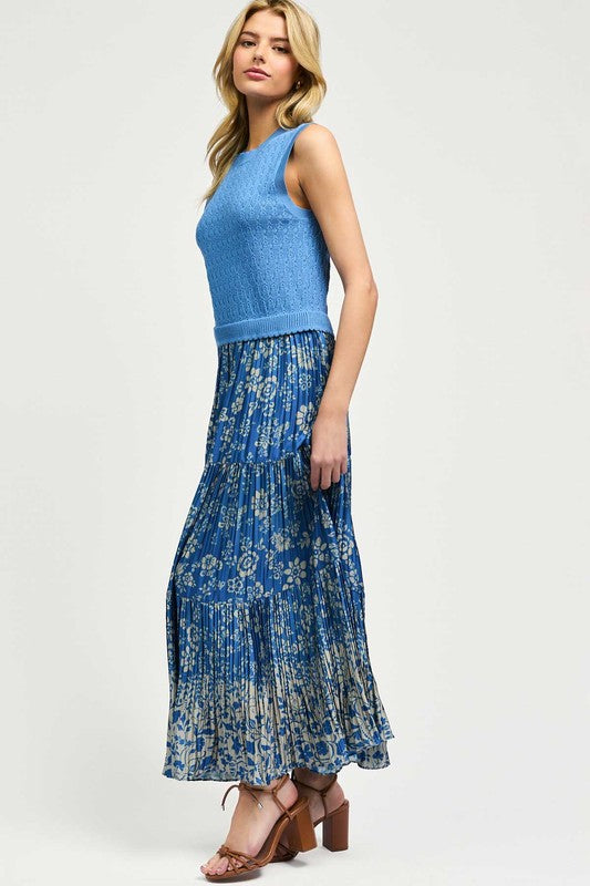 Sleeveless Midi Dress w/ Contrast Pleat Skirt