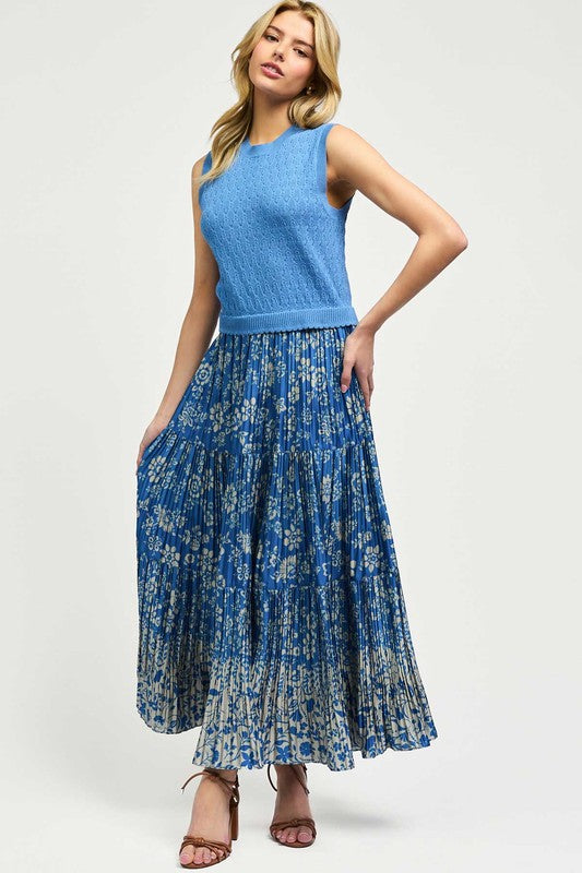 Sleeveless Midi Dress w/ Contrast Pleat Skirt