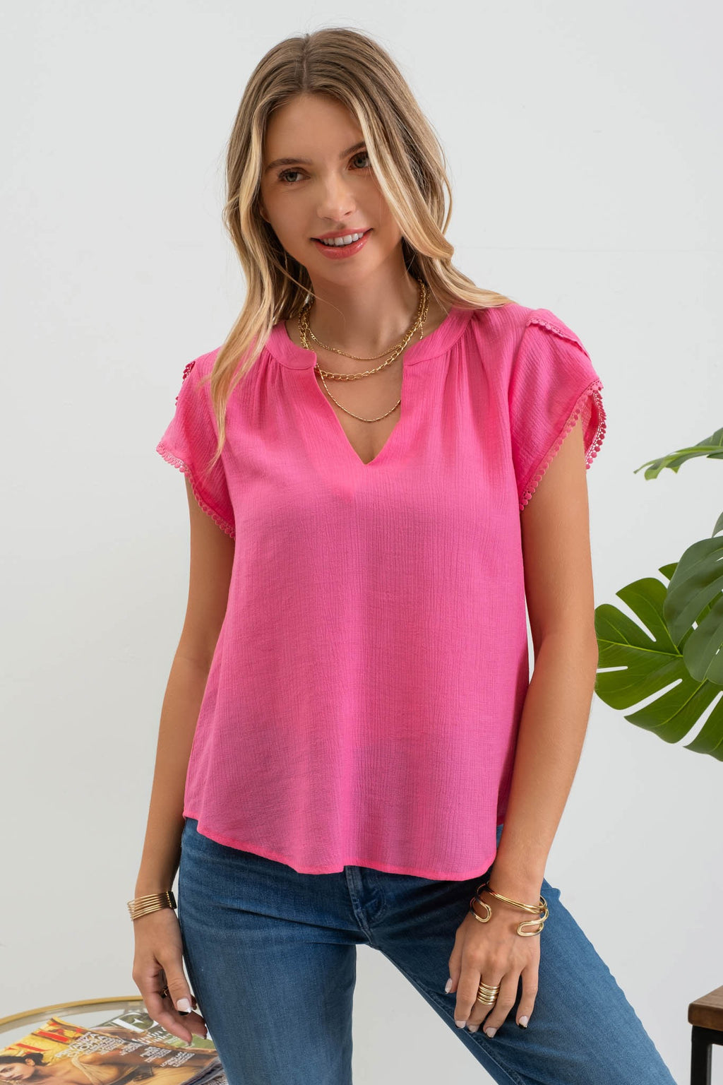 Split Neck Petal Tassel Sleeve Blouse