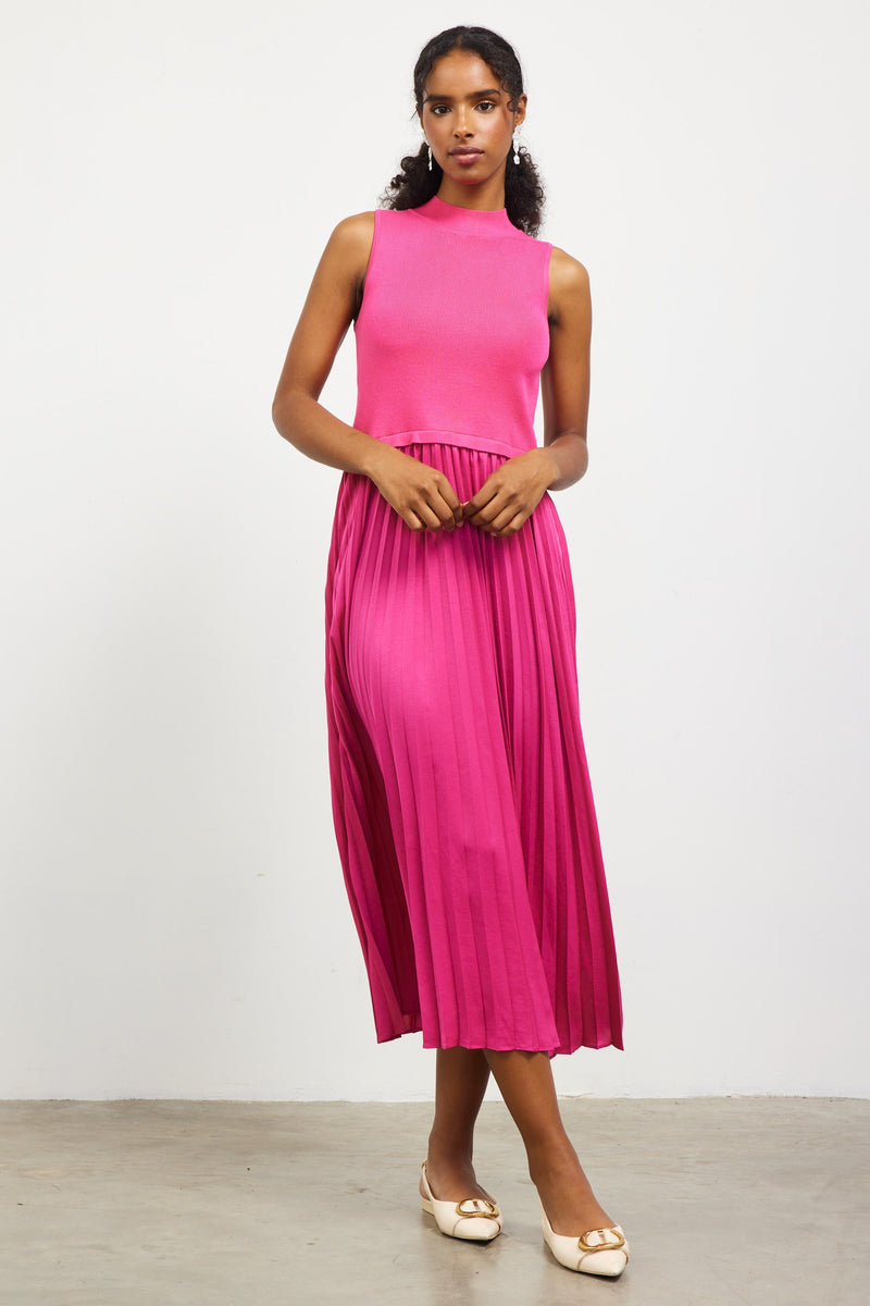 Pleated Contrast Mock Neck Dress