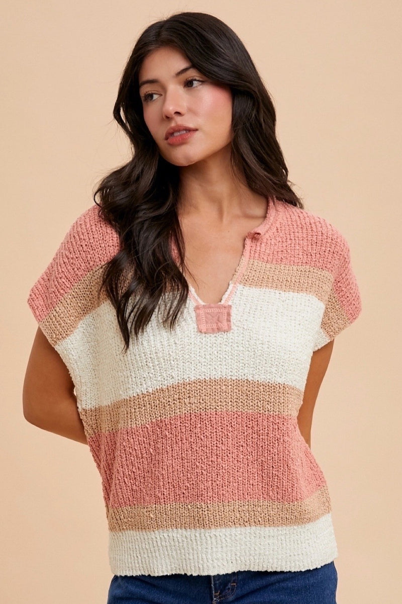 Low Guage Color Block Textured Sweater Top
