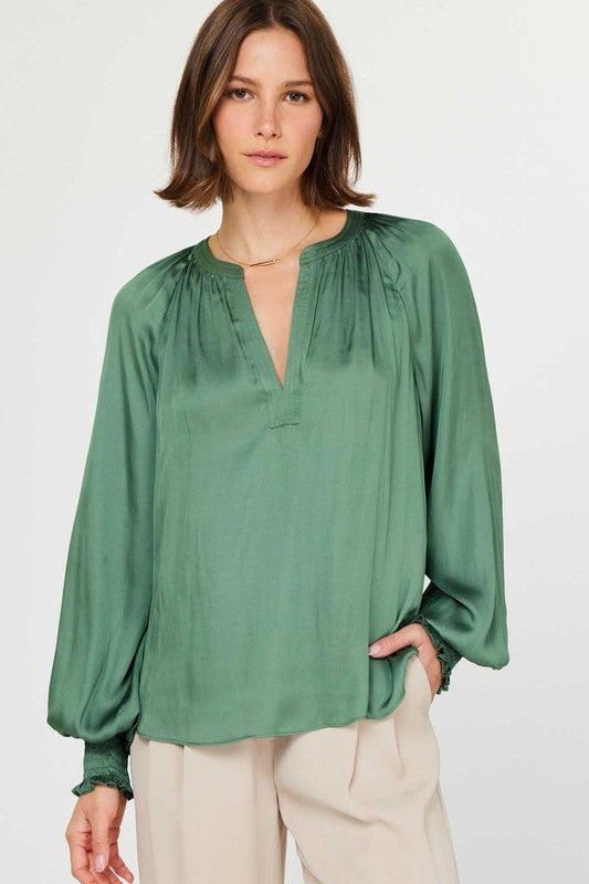 Split Neck Smocked Long Sleeve Blouse