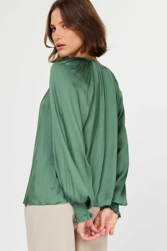 Split Neck Smocked Long Sleeve Blouse