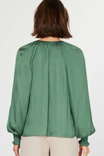 Split Neck Smocked Long Sleeve Blouse