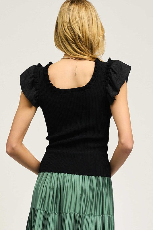 Square Ruffled Neck Flutter Sleeve Sweater