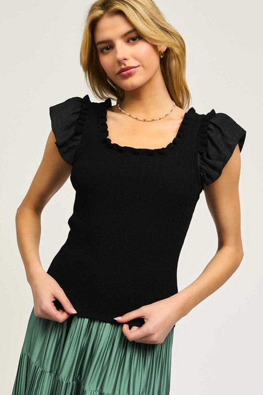 Square Ruffled Neck Flutter Sleeve Sweater