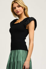 Square Ruffled Neck Flutter Sleeve Sweater